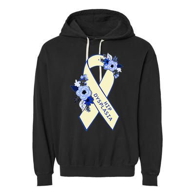 Hip Dysplasia Awareness Floral Blue White Ribbon Pocket Size Garment-Dyed Fleece Hoodie