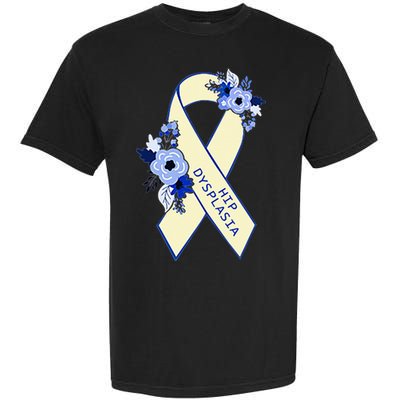 Hip Dysplasia Awareness Floral Blue White Ribbon Pocket Size Garment-Dyed Heavyweight T-Shirt