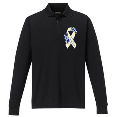 Hip Dysplasia Awareness Floral Blue White Ribbon Pocket Size Performance Long Sleeve Polo