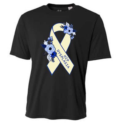 Hip Dysplasia Awareness Floral Blue White Ribbon Pocket Size Cooling Performance Crew T-Shirt