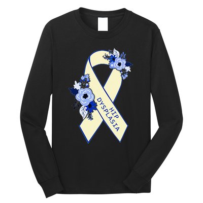 Hip Dysplasia Awareness Floral Blue White Ribbon Pocket Size Long Sleeve Shirt