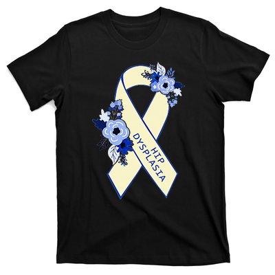 Hip Dysplasia Awareness Floral Blue White Ribbon Pocket Size T-Shirt