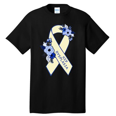 Hip Dysplasia Awareness Floral Blue White Ribbon Pocket Size Tall T-Shirt