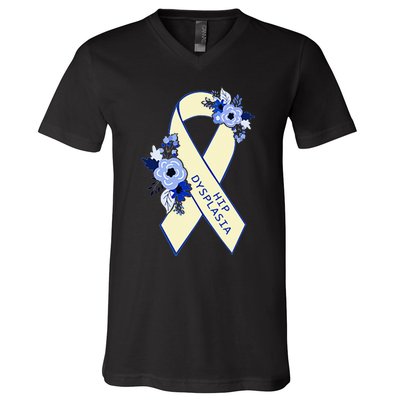 Hip Dysplasia Awareness Floral Blue White Ribbon Pocket Size V-Neck T-Shirt