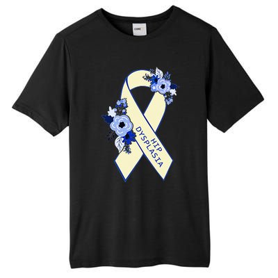 Hip Dysplasia Awareness Floral Blue White Ribbon Pocket Size Tall Fusion ChromaSoft Performance T-Shirt