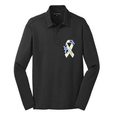 Hip Dysplasia Awareness Floral Blue White Ribbon Pocket Size Silk Touch Performance Long Sleeve Polo