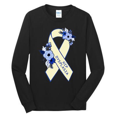 Hip Dysplasia Awareness Floral Blue White Ribbon Pocket Size Tall Long Sleeve T-Shirt