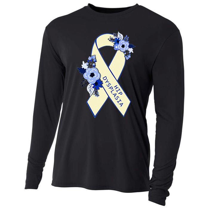 Hip Dysplasia Awareness Floral Blue White Ribbon Pocket Size Cooling Performance Long Sleeve Crew