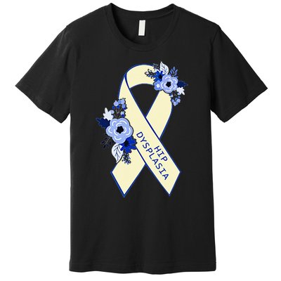 Hip Dysplasia Awareness Floral Blue White Ribbon Pocket Size Premium T-Shirt