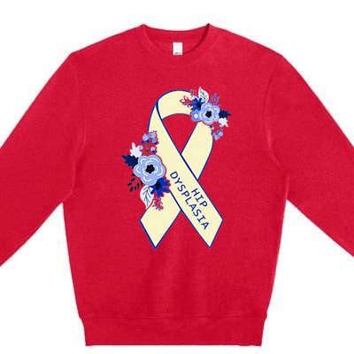 Hip Dysplasia Awareness Floral Blue White Ribbon Pocket Size Premium Crewneck Sweatshirt