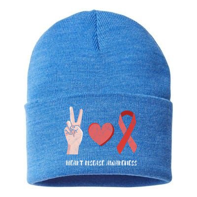 Heart Disease Awareness Month Peace Love Hope Heart Health Funny Gift Sustainable Knit Beanie