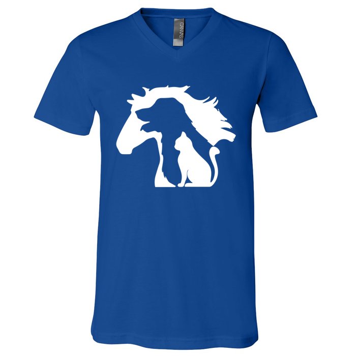 Horse Dog And Cat Minimalist Art Abstract Silhouette Overlay Gift V-Neck T-Shirt