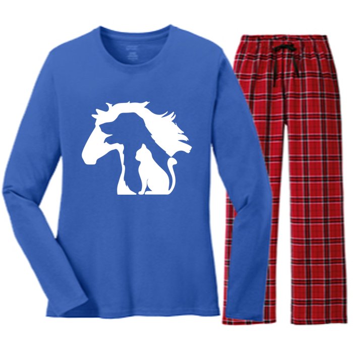 Horse Dog And Cat Minimalist Art Abstract Silhouette Overlay Gift Women's Long Sleeve Flannel Pajama Set 