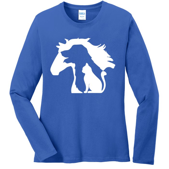 Horse Dog And Cat Minimalist Art Abstract Silhouette Overlay Gift Ladies Long Sleeve Shirt