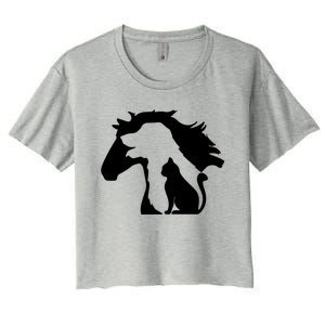 Horse Dog And Cat Minimalist Art Abstract Silhouette Overlay Gift Women's Crop Top Tee