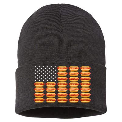 Hot Dog American Flag July 4th Patriotic Sustainable Knit Beanie