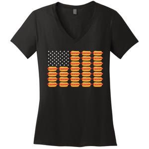 Hot Dog American Flag July 4th Patriotic Women's V-Neck T-Shirt