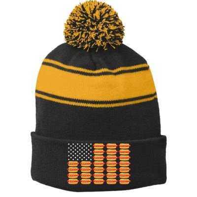 Hot Dog American Flag Patriotic Summer Bbq Funny Stripe Pom Pom Beanie