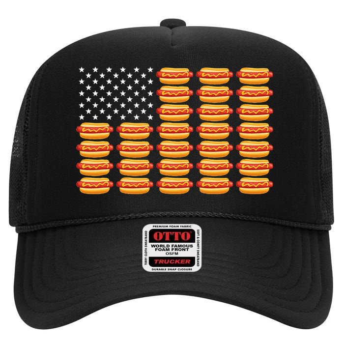 Hot Dog American Flag Patriotic Summer Bbq Funny High Crown Mesh Back Trucker Hat