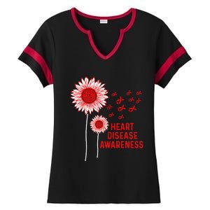 Heart Disease Awareness Sunflower Red Ribbon Ladies Halftime Notch Neck Tee