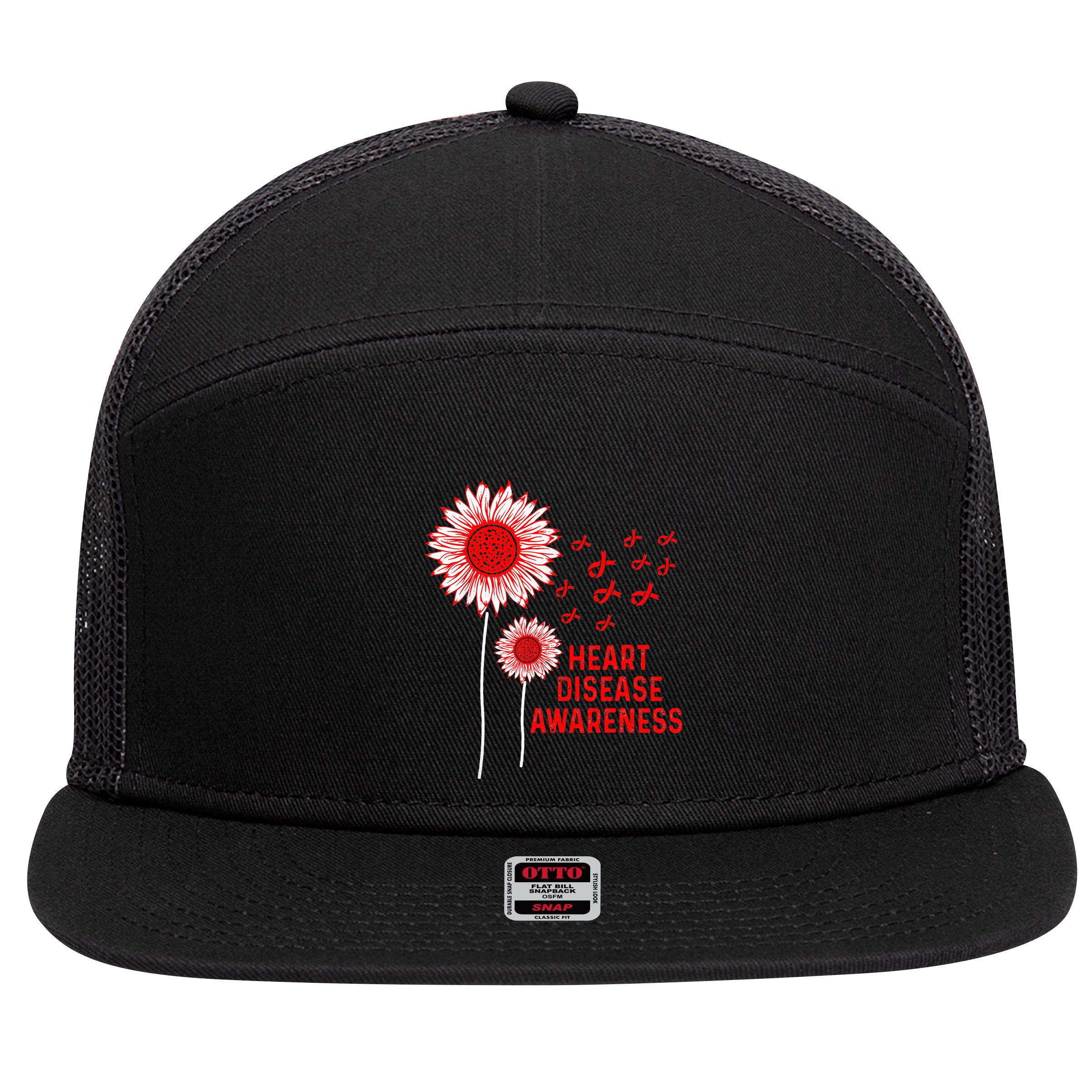 Heart Disease Awareness Sunflower Red Ribbon 7 Panel Mesh Trucker Snapback Hat