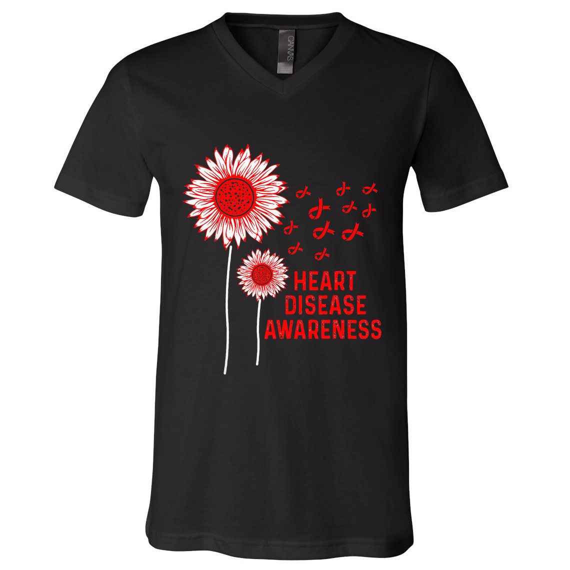 Heart Disease Awareness Sunflower Red Ribbon V-Neck T-Shirt