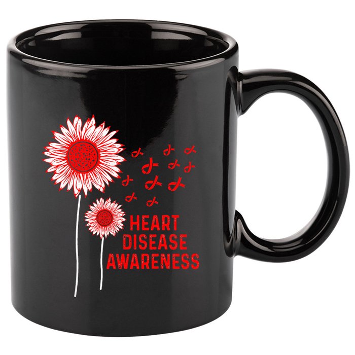 Heart Disease Awareness Sunflower Red Ribbon 11oz C Handle Ceramic Mug