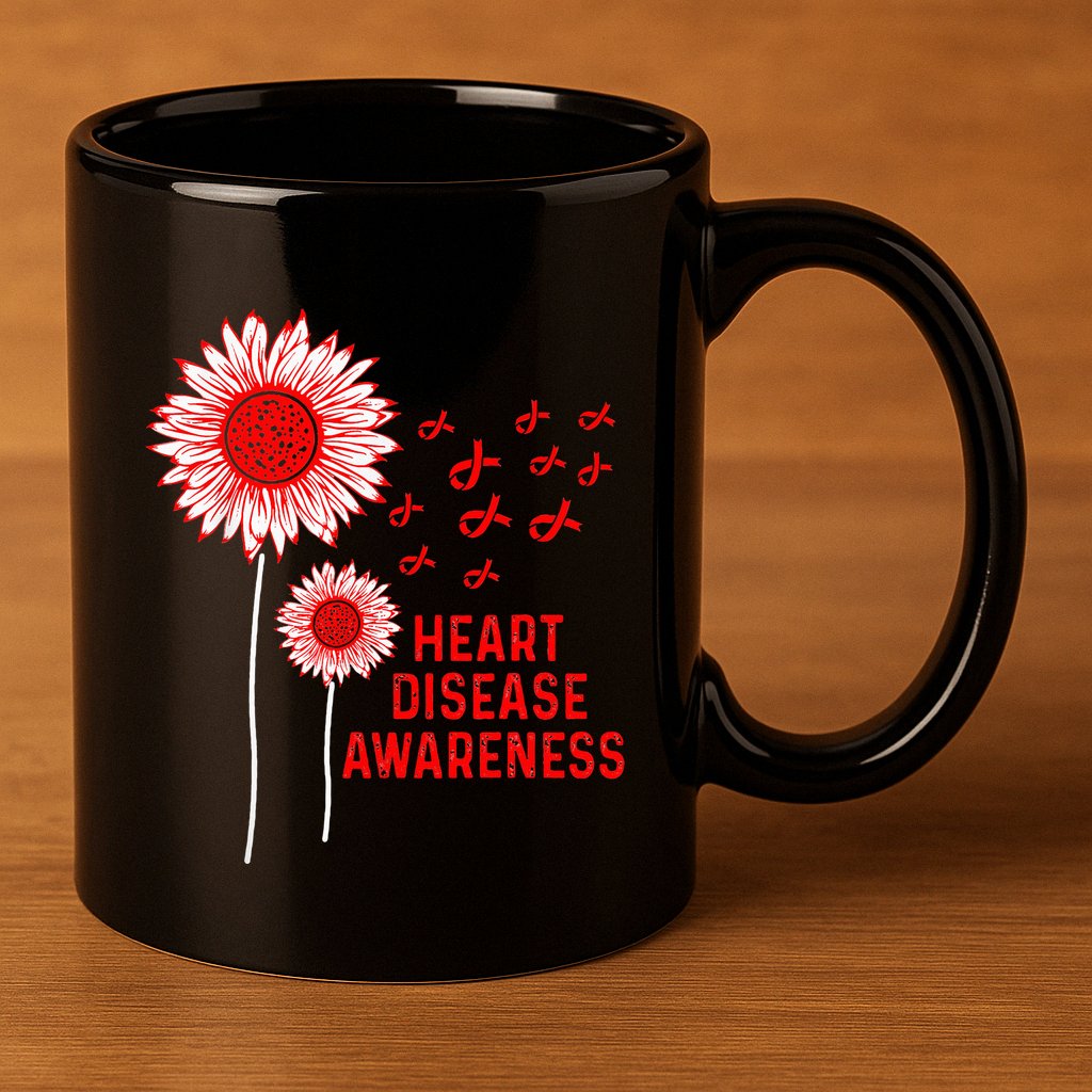 Heart Disease Awareness Sunflower Red Ribbon 11oz C Handle Ceramic Mug