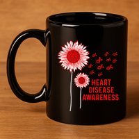 Heart Disease Awareness Sunflower Red Ribbon 11oz C Handle Ceramic Mug