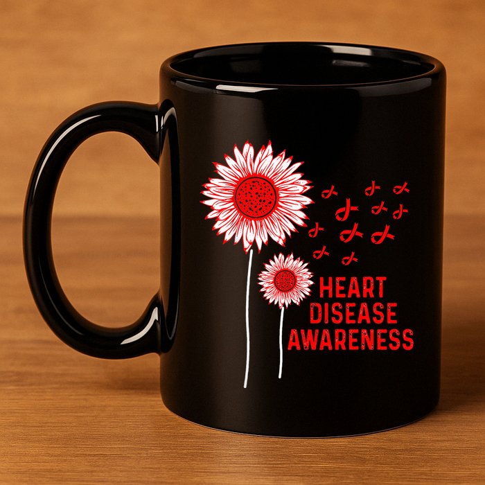 Heart Disease Awareness Sunflower Red Ribbon 11oz C Handle Ceramic Mug