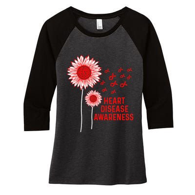 Heart Disease Awareness Sunflower Red Ribbon Women's Tri-Blend 3/4-Sleeve Raglan Shirt