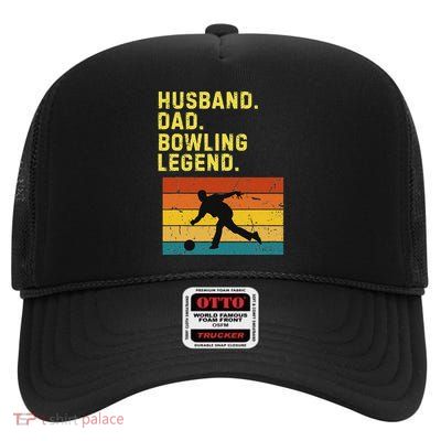Husband Dad Bowling Legend Retro Bowling Humor High Crown Mesh Back Trucker Hat
