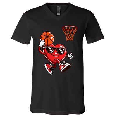 Heart Dunking Basketball Valentines Day V-Neck T-Shirt