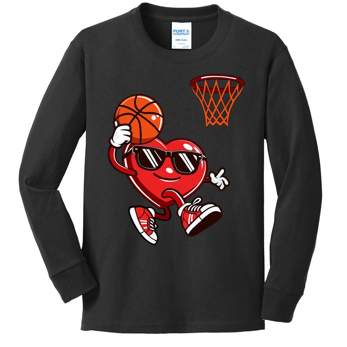 Heart Dunking Basketball Valentines Day Kids Long Sleeve Shirt