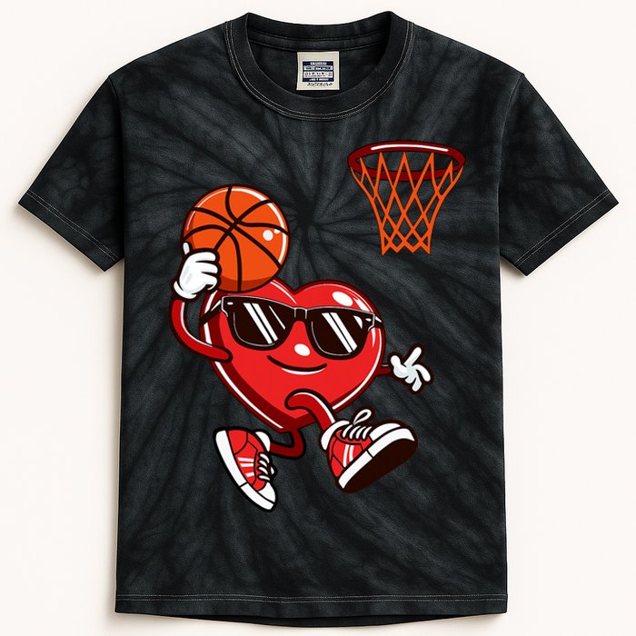 Heart Dunking Basketball Valentines Day Kids Tie-Dye T-Shirt