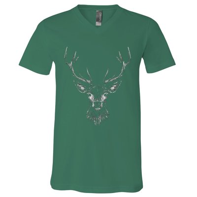 Hand Drawn Buck Deer Style Antlers V-Neck T-Shirt