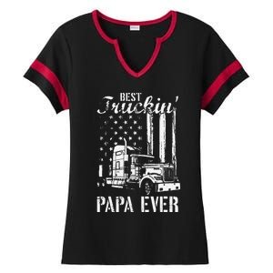 hug day Best Trucking Papa Ever Truck Driver American Flag Ladies Halftime Notch Neck Tee