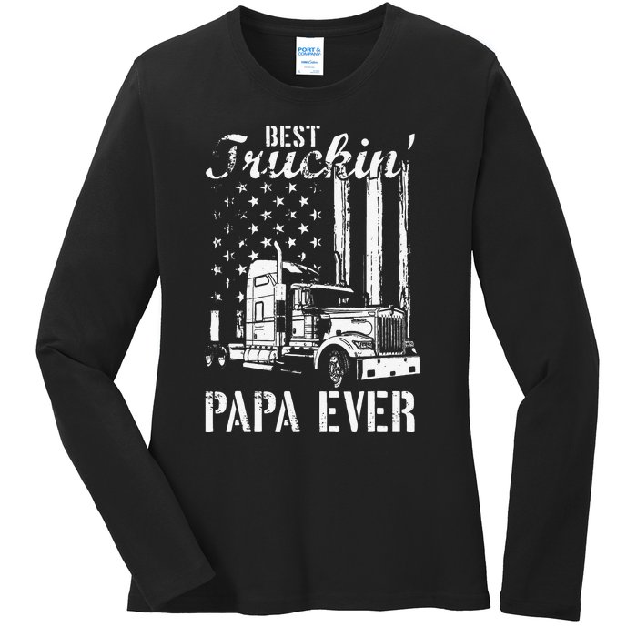 hug day Best Trucking Papa Ever Truck Driver American Flag Ladies Long Sleeve Shirt