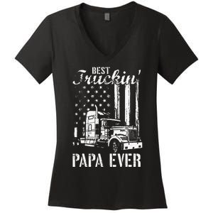 hug day Best Trucking Papa Ever Truck Driver American Flag Women's V-Neck T-Shirt