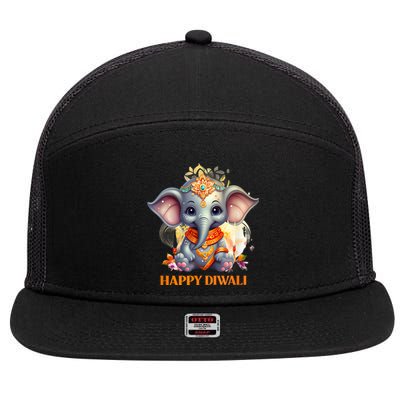 Happy Diwali Cute Elephant 7 Panel Mesh Trucker Snapback Hat