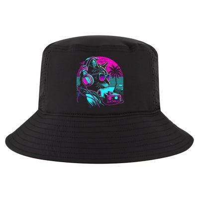 House DJ Cat 80s 90s Kitten Sunset Rainbow DJ Cat Kitty Cool Comfort Performance Bucket Hat