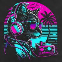 House DJ Cat 80s 90s Kitten Sunset Rainbow DJ Cat Kitty 7 Panel Mesh Trucker Snapback Hat