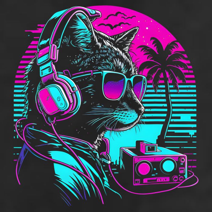 House DJ Cat 80s 90s Kitten Sunset Rainbow DJ Cat Kitty 7 Panel Mesh Trucker Snapback Hat
