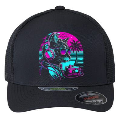 House DJ Cat 80s 90s Kitten Sunset Rainbow DJ Cat Kitty Flexfit Unipanel Trucker Cap