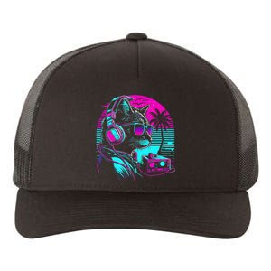 House DJ Cat 80s 90s Kitten Sunset Rainbow DJ Cat Kitty Yupoong Adult 5-Panel Trucker Hat