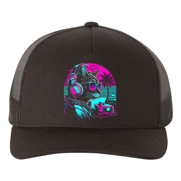 House DJ Cat 80s 90s Kitten Sunset Rainbow DJ Cat Kitty Yupoong Adult 5-Panel Trucker Hat