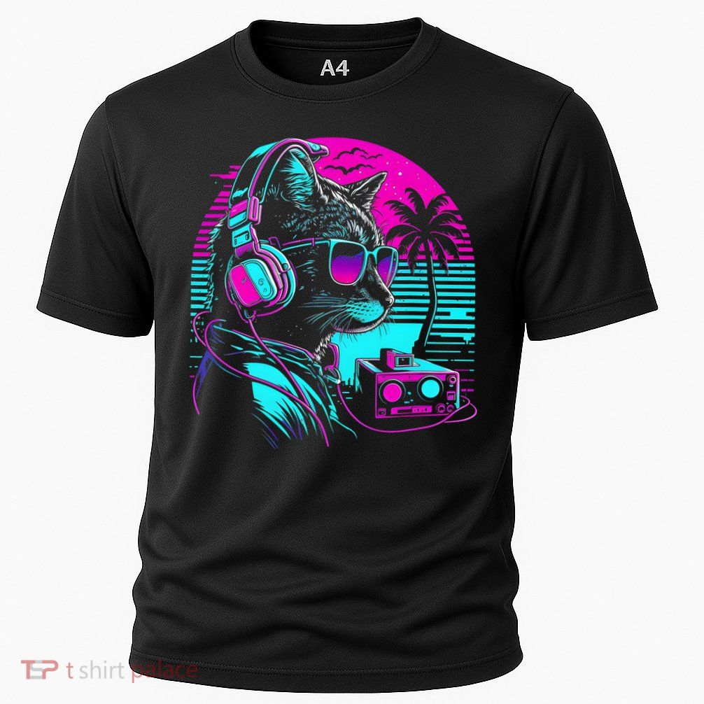 House DJ Cat 80s 90s Kitten Sunset Rainbow DJ Cat Kitty Performance Shirt