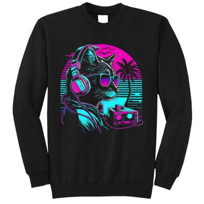 House DJ Cat 80s 90s Kitten Sunset Rainbow DJ Cat Kitty Sweatshirt