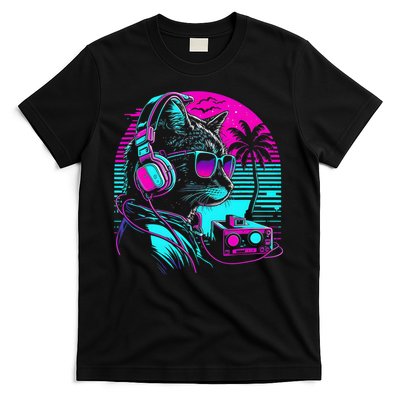 House DJ Cat 80s 90s Kitten Sunset Rainbow DJ Cat Kitty T-Shirt