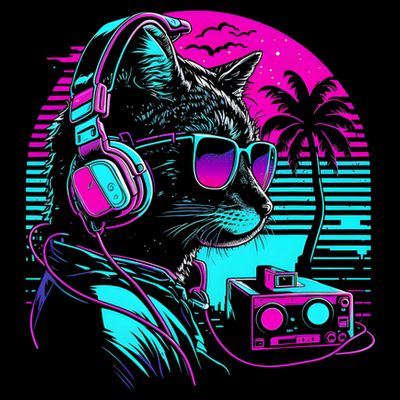House DJ Cat 80s 90s Kitten Sunset Rainbow DJ Cat Kitty T-Shirt